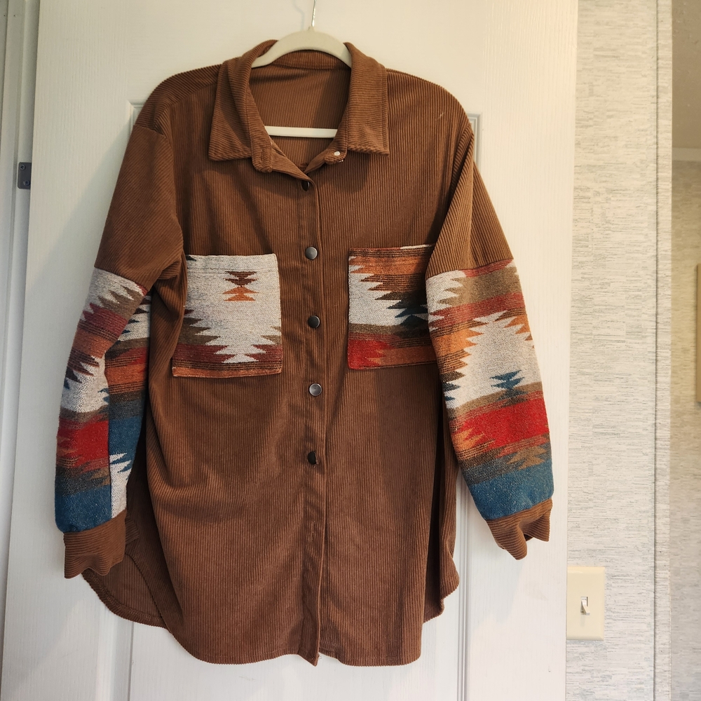 Unbranded Brown Corduroy Blouse with Multicolor Pattern Size XL Euc